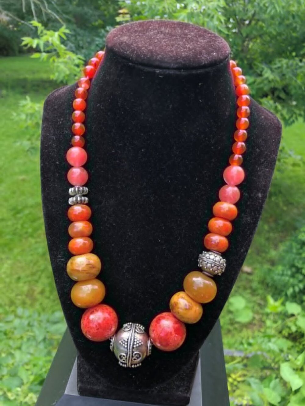 Huge ethnic style Coral Agate and silver bead necklace, handmade chunky